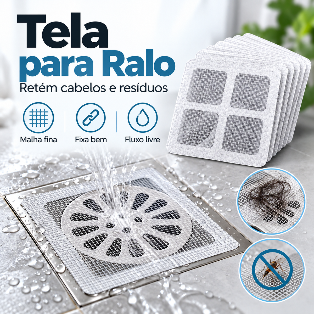 Kit Adesivo Protetor de Ralo Descartável com Tela Filtro Anti-Entupimento e Anti-Insetos | Banheiro e Cozinha