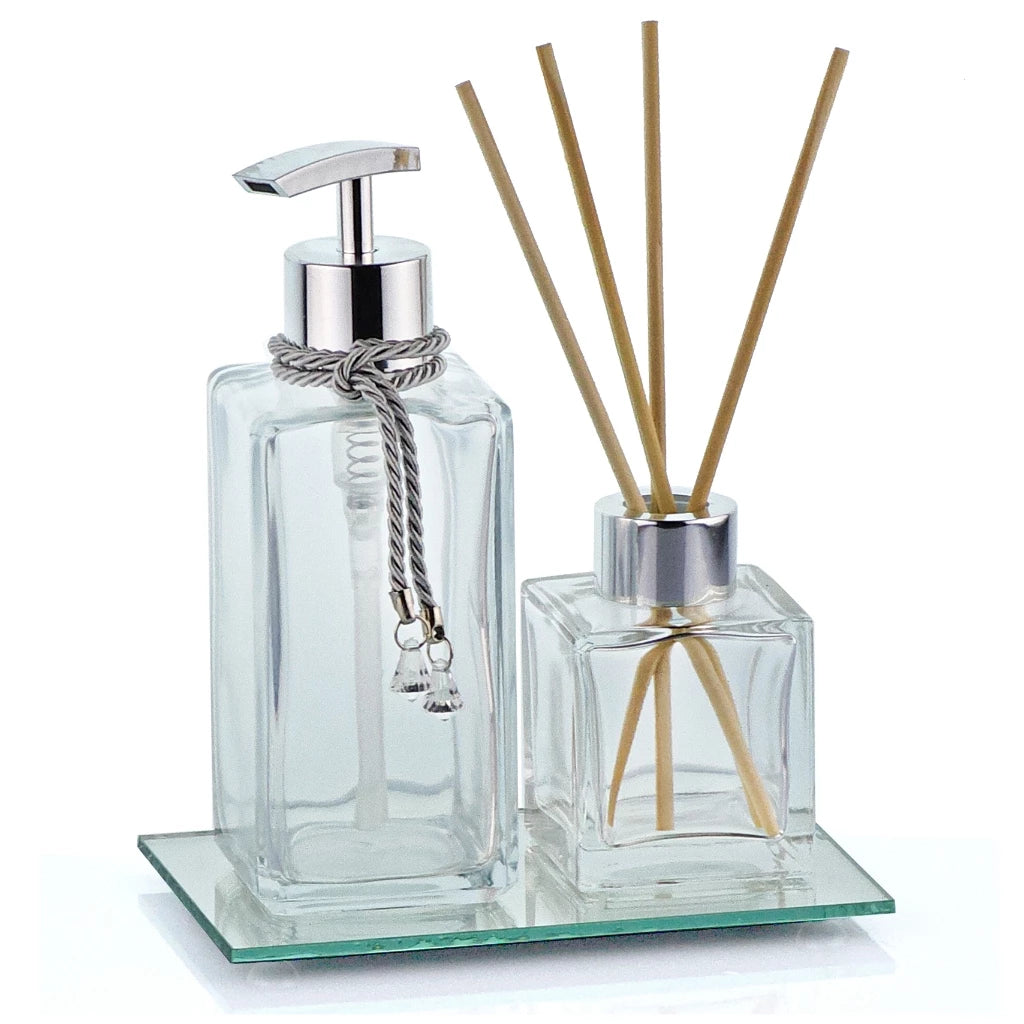 Kit Lavabo Prata Banheiro em Vidro Porta Sabonete Liquido e Difusor de Ambiente