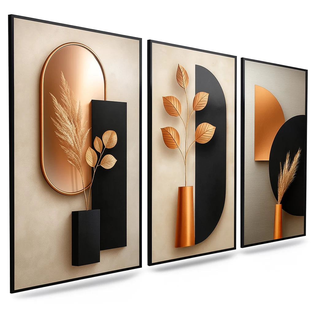 Kit 3 Quadros Decorativos Abstratos Geométricos – Trio Nordic Moderno para Sala, Quarto e Hall | Lar Criativo