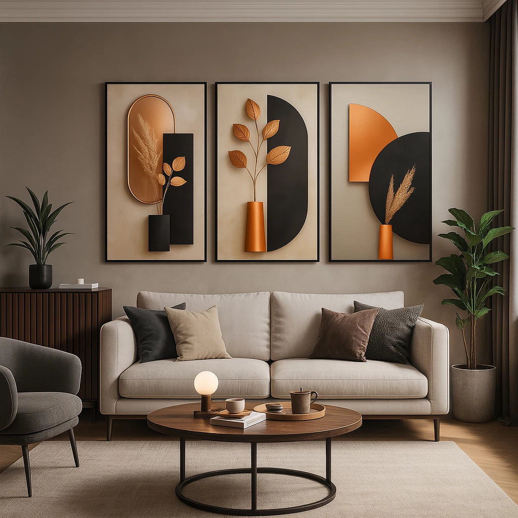 Kit 3 Quadros Decorativos Abstratos Geométricos – Trio Nordic Moderno para Sala, Quarto e Hall | Lar Criativo