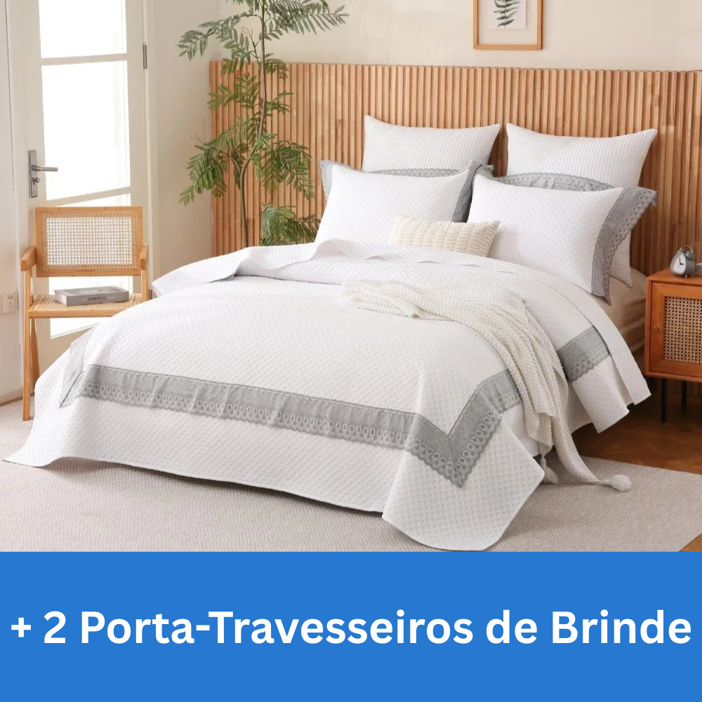 Kit Colcha Casal Mona Lisa 300 Fios Percal com Renda Fina + 2 Porta-Travesseiros Brinde