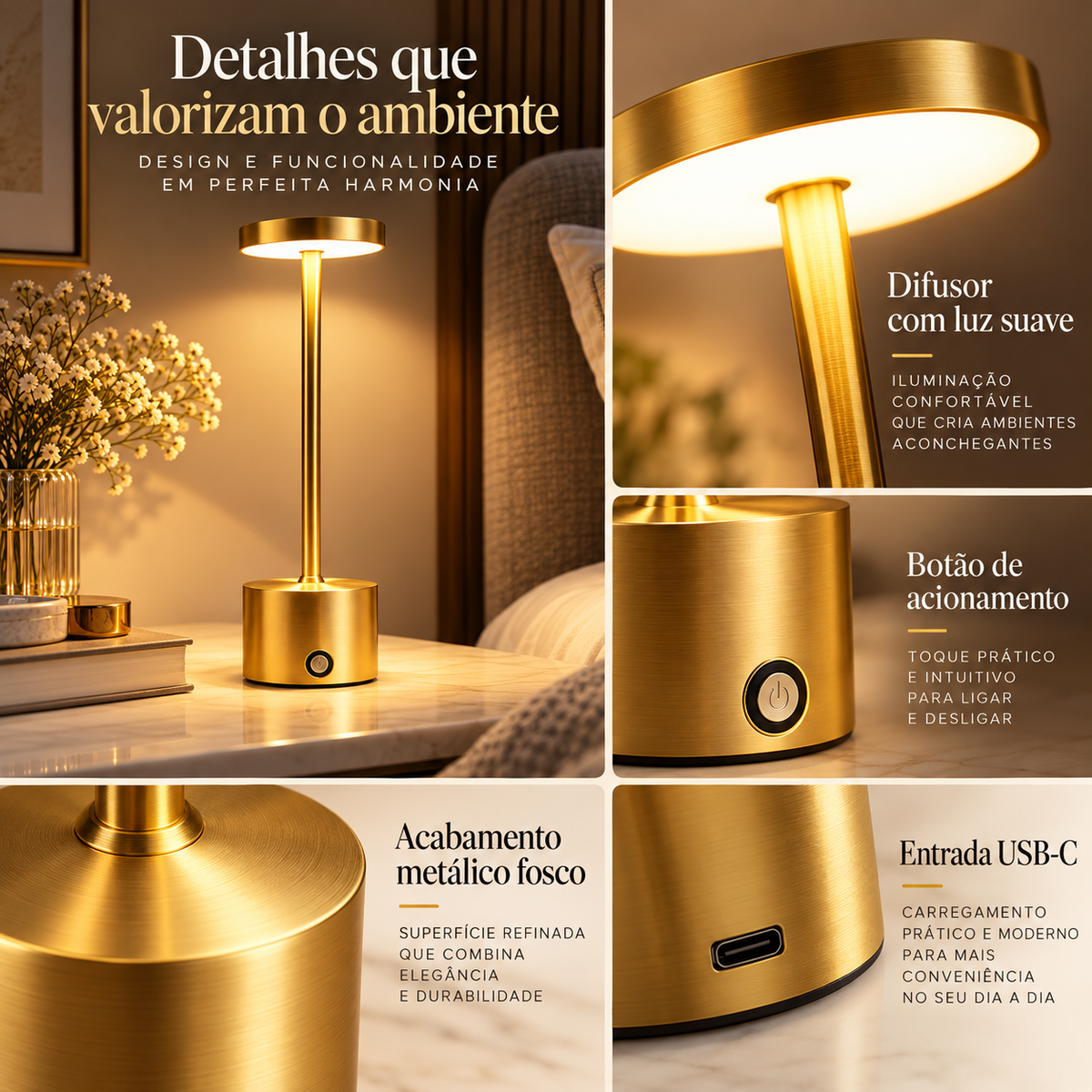 Luminária de Mesa Aura Gold – Iluminação LED Sem Fio.