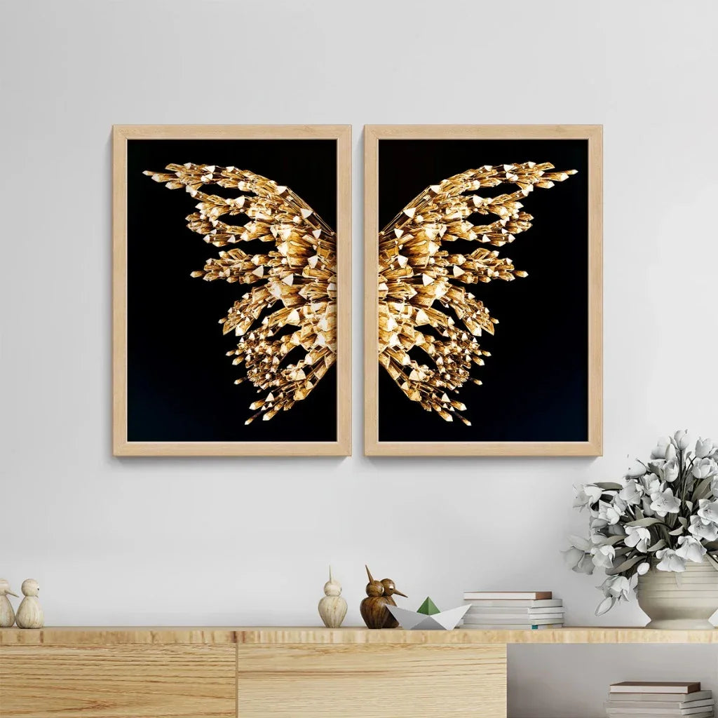 Conjunto Decorativo Golden Wings – Kit com 2 Quadros Premium 94cm