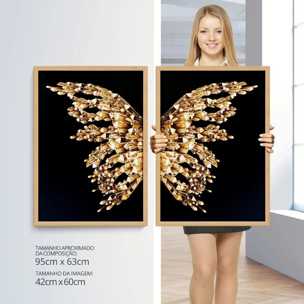 Conjunto Decorativo Golden Wings – Kit com 2 Quadros Premium 94cm