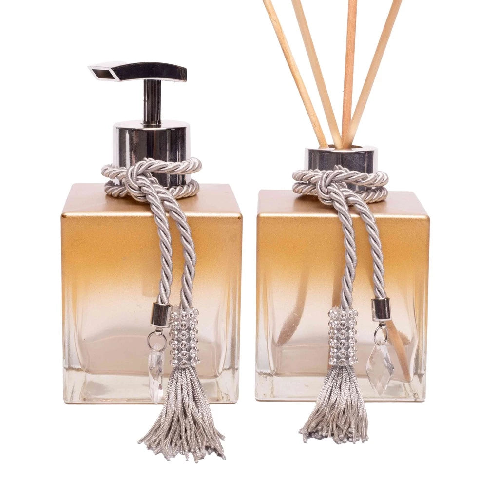 Kit Cubo Degradê Dourado – Difusor + Saboneteira em Vidro – Lar Criativo