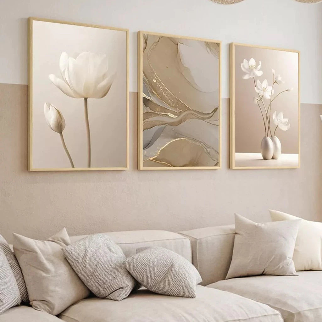 Kit 3 Quadros Decorativos Abstratos Flores Bege – Decoração Moderna e Sofisticada | Lar Criativo