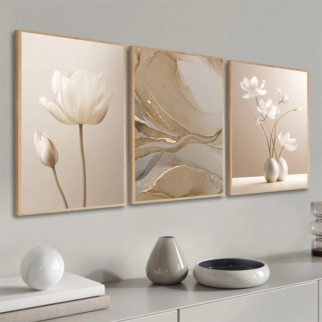 Kit 3 Quadros Adesivos Flores Bege
