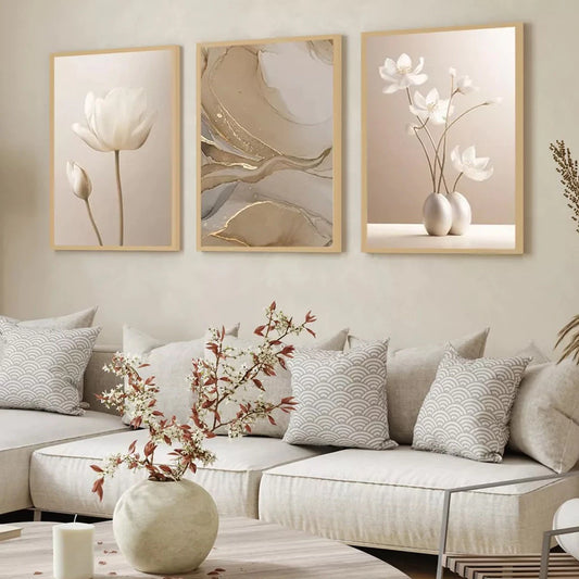 Kit 3 Quadros Adesivos Flores Bege