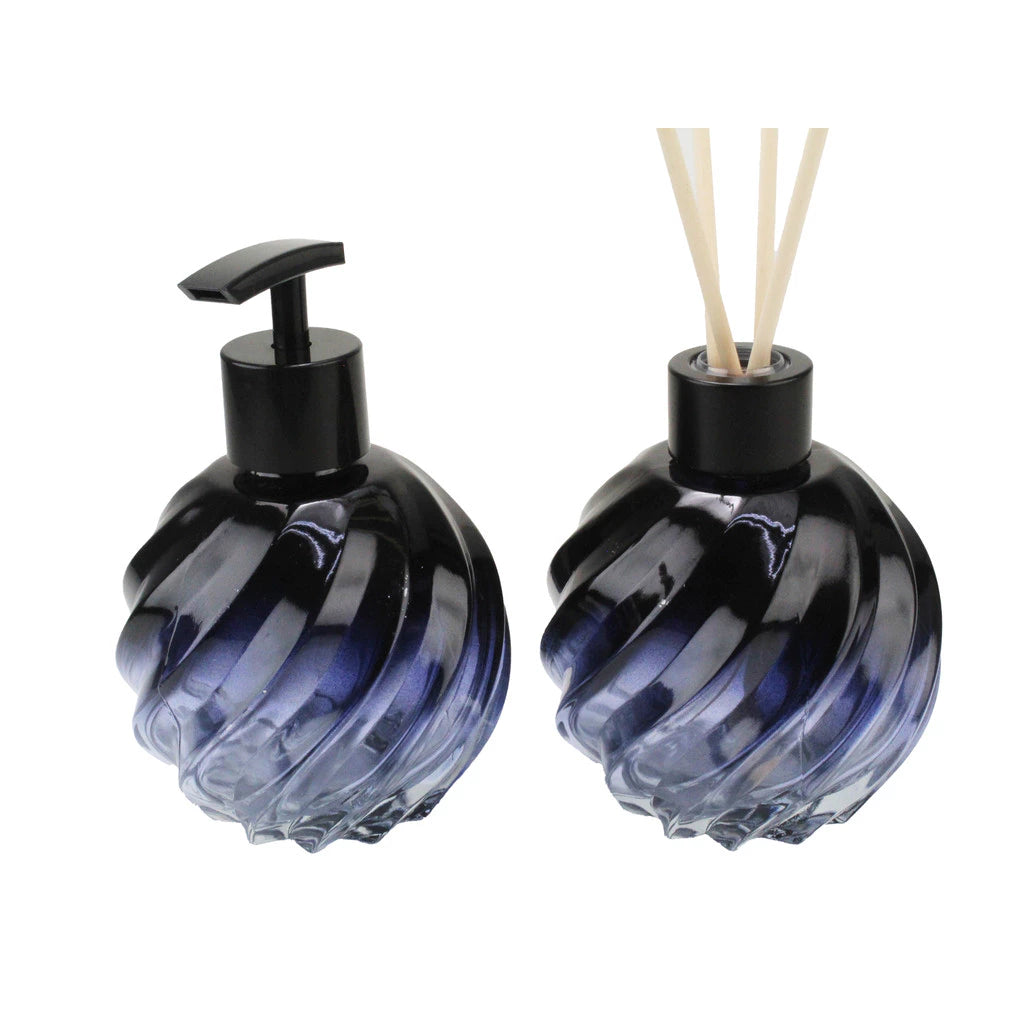 Kit Lavabo Espiral Azul Safira – Difusor e Saboneteira em Vidro